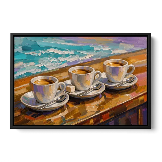 Three Espresso Cups on the Bar for a Coffee Bar - Black Framed Canvas Wall Art - Front