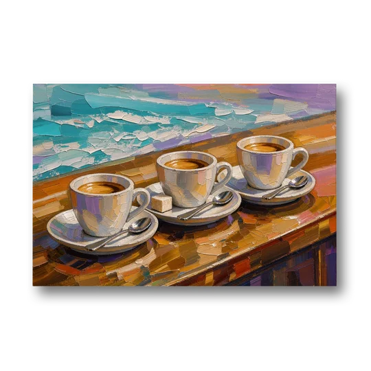 Three Espresso Cups on the Bar for a Coffee Bar - Canvas Wall Art - Front