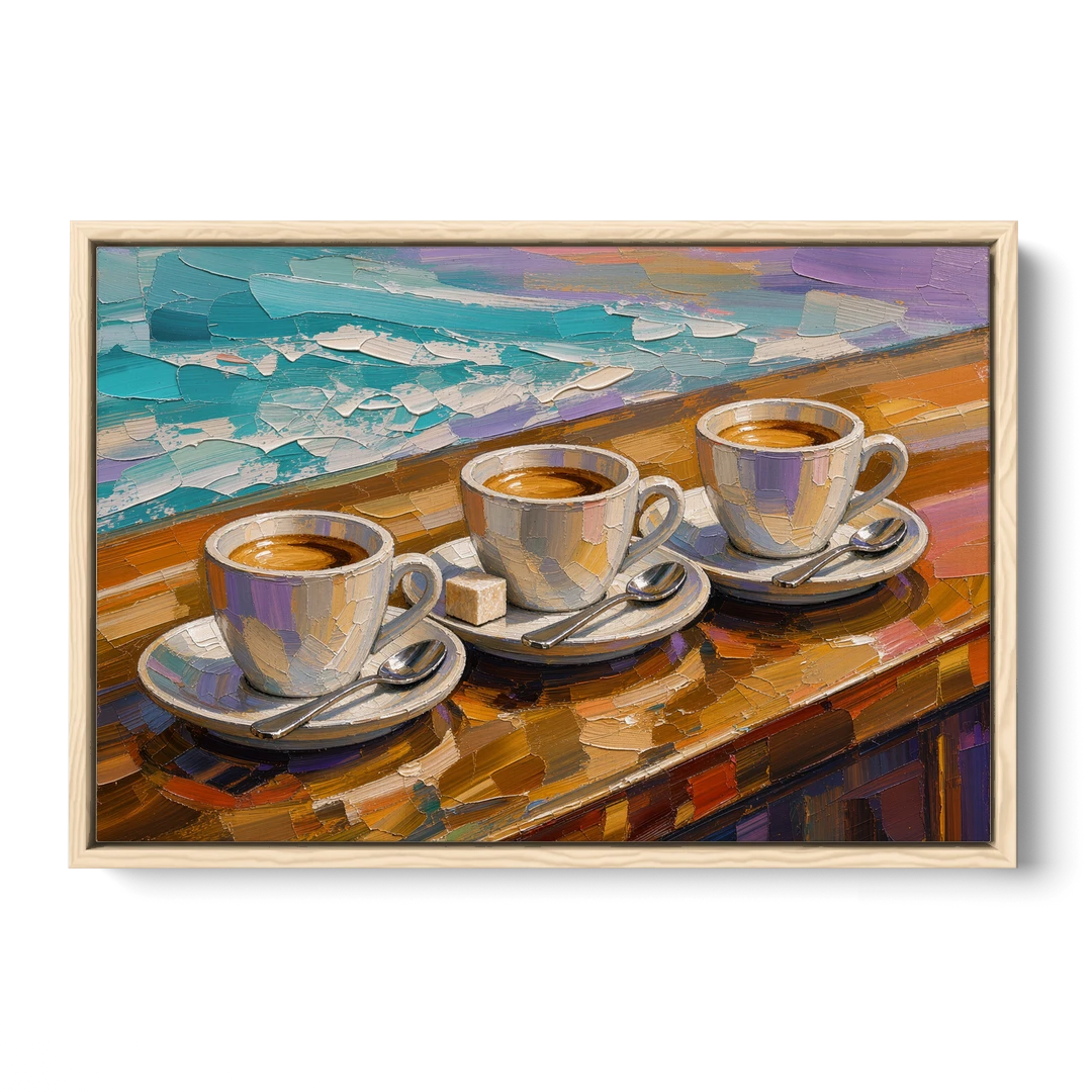 Three Espresso Cups on the Bar for a Coffee Bar - Oak Framed Canvas Wall Art - Front