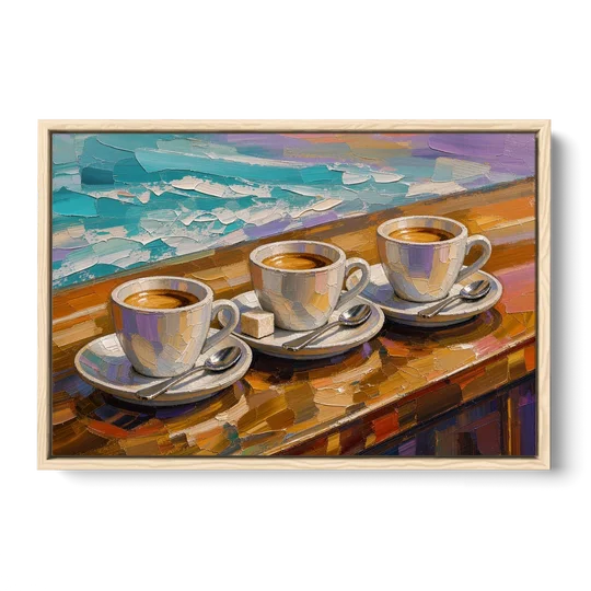 Three Espresso Cups on the Bar for a Coffee Bar - Oak Framed Canvas Wall Art - Front