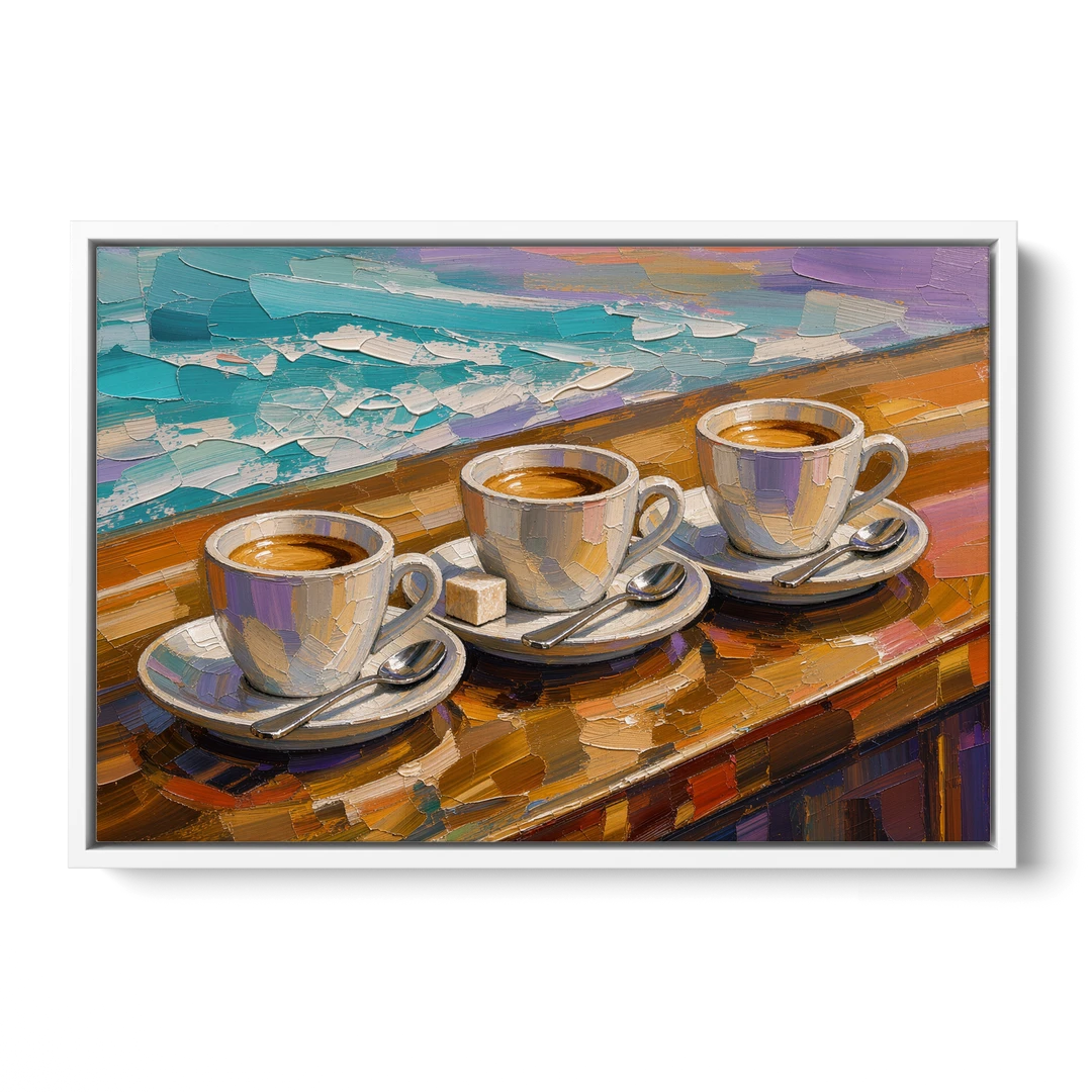 Three Espresso Cups on the Bar for a Coffee Bar - White Framed Canvas Wall Art - Front