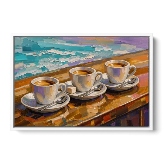 Three Espresso Cups on the Bar for a Coffee Bar - White Framed Canvas Wall Art - Front