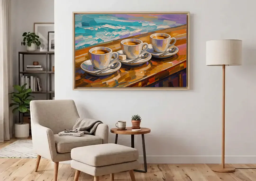 Three Espresso Cups on the Bar for a Coffee Bar canvas wall art above an armchair in a bright living room