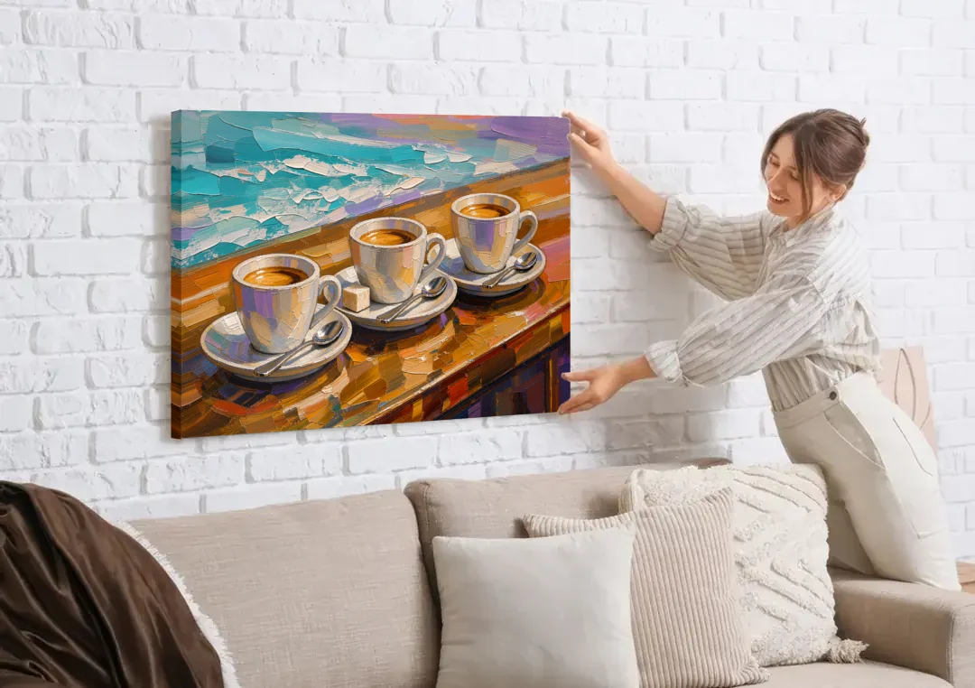 Three Espresso Cups on the Bar for a Coffee Bar canvas wall art being hung on a white brick wall above a sofa