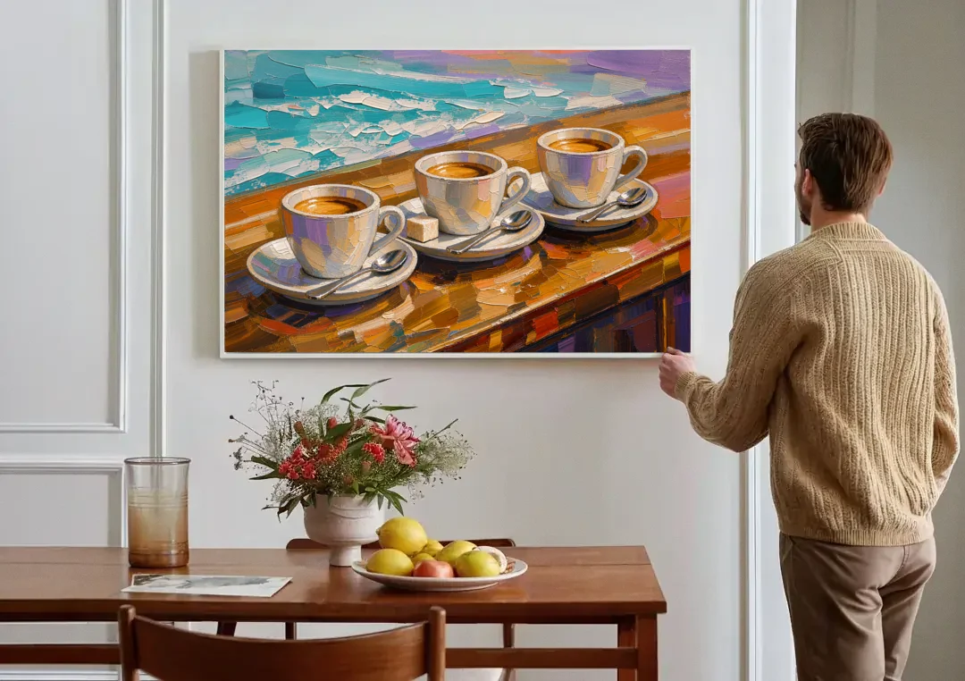 Three Espresso Cups on the Bar for a Coffee Bar canvas wall art above a dining table