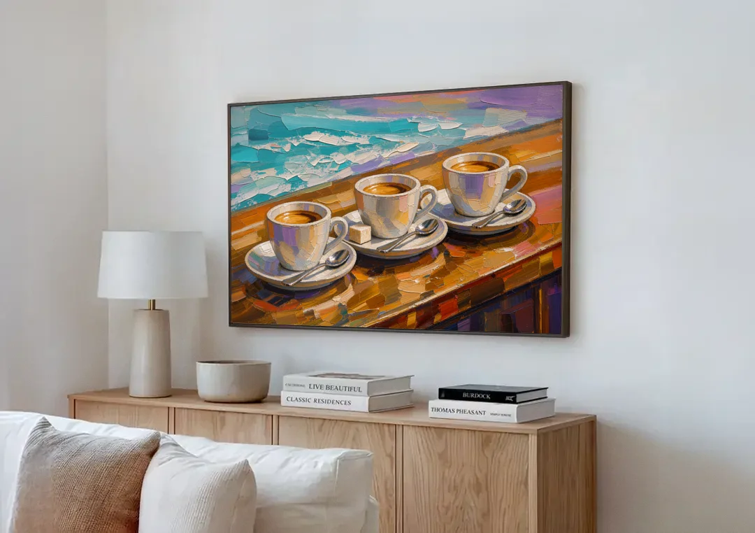 Three Espresso Cups on the Bar for a Coffee Bar canvas wall art above a wooden sideboard next to a sofa
