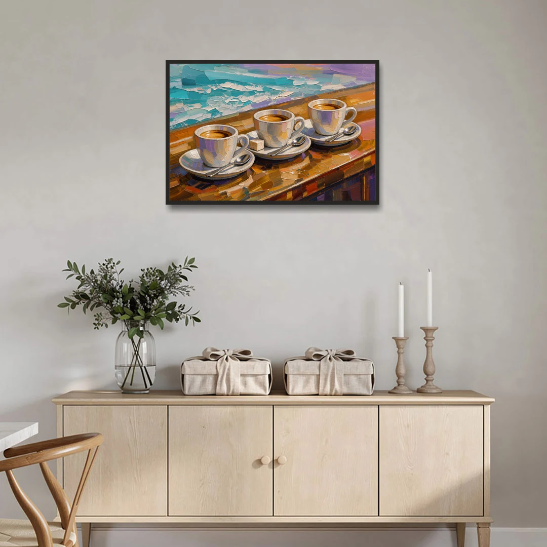 Three Espresso Cups on the Bar for a Coffee Bar - Black Framed Canvas Wall Art - Coffee Table - 36x24