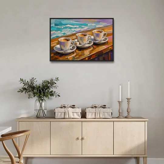 Three Espresso Cups on the Bar for a Coffee Bar - Black Framed Canvas Wall Art - Coffee Table - 36x24
