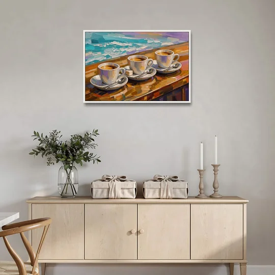 Three Espresso Cups on the Bar for a Coffee Bar - White Framed Canvas Wall Art - Coffee Table - 36x24