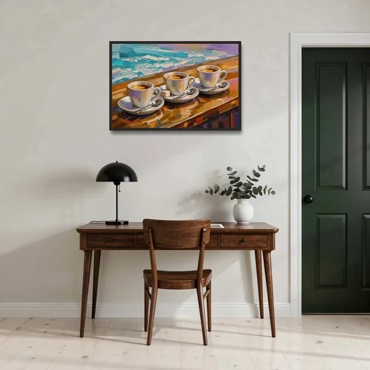 Three Espresso Cups on the Bar for a Coffee Bar - Black Framed Canvas Wall Art - Office - 36x24