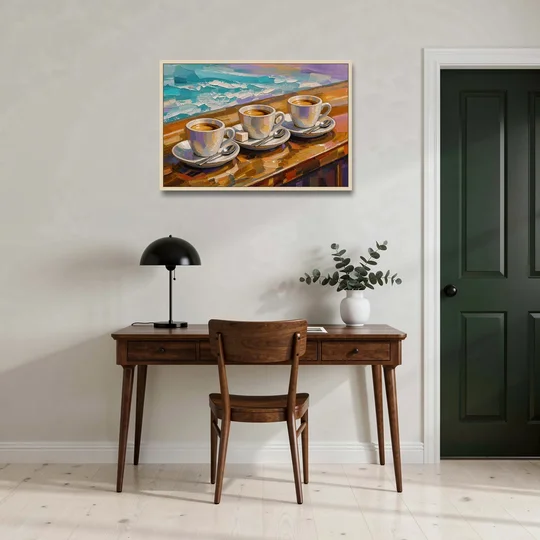 Three Espresso Cups on the Bar for a Coffee Bar - Oak Framed Canvas Wall Art - Office - 36x24