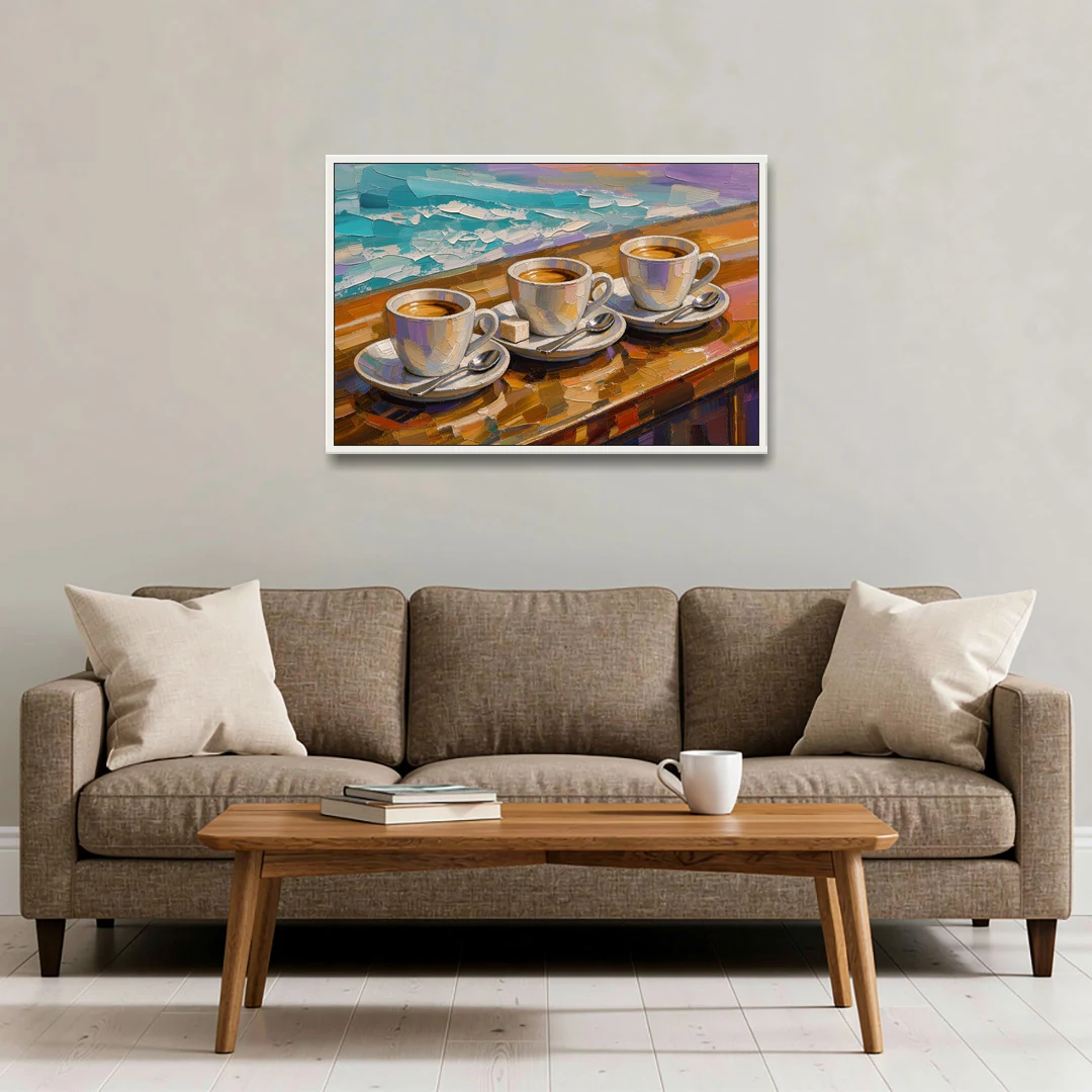 Three Espresso Cups on the Bar for a Coffee Bar - White Framed Canvas Wall Art - Sofa - 36x24