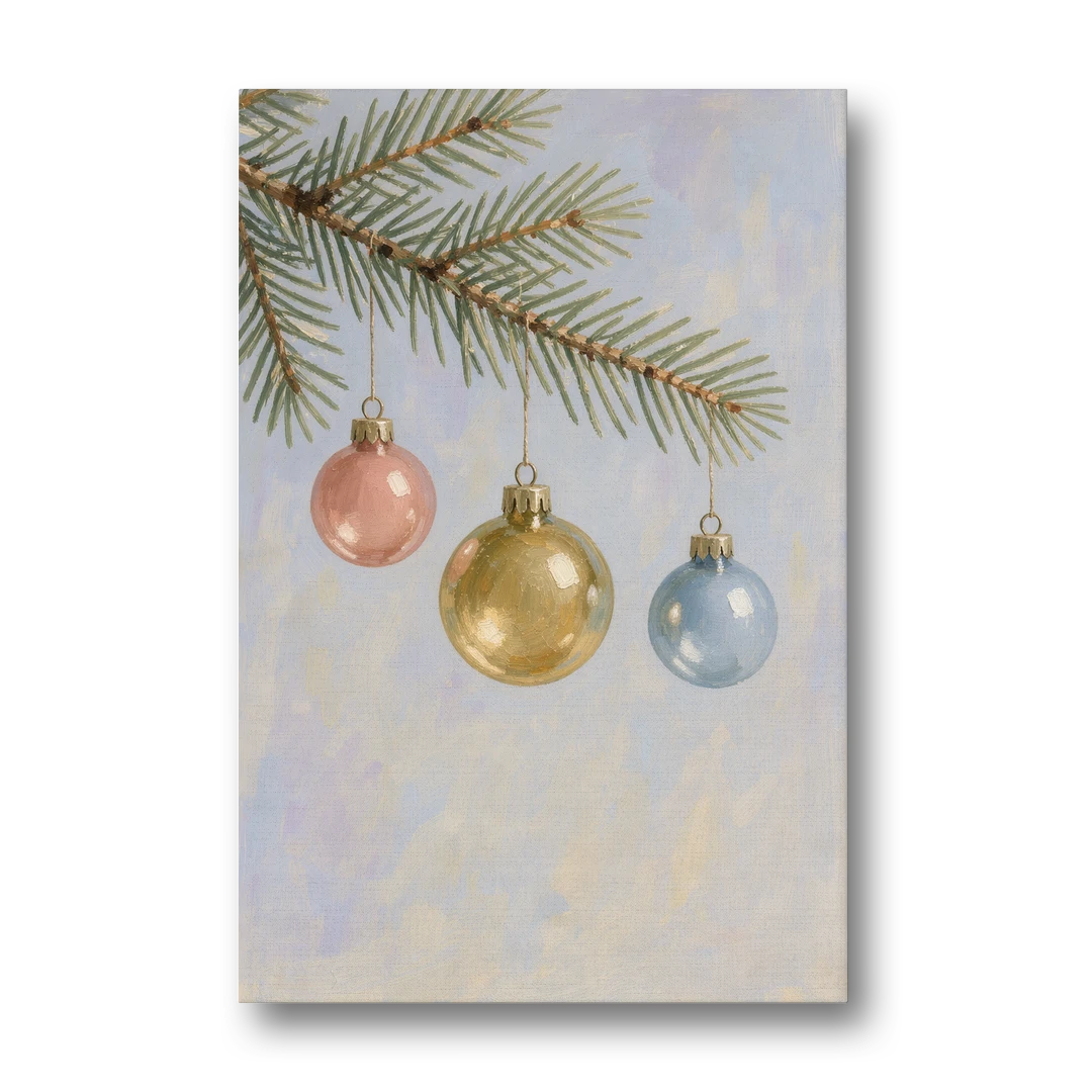 Three Glass Baubles on a Fir Branch - Canvas Wall Art - Front