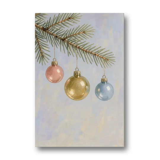 Three Glass Baubles on a Fir Branch - Canvas Wall Art - Front