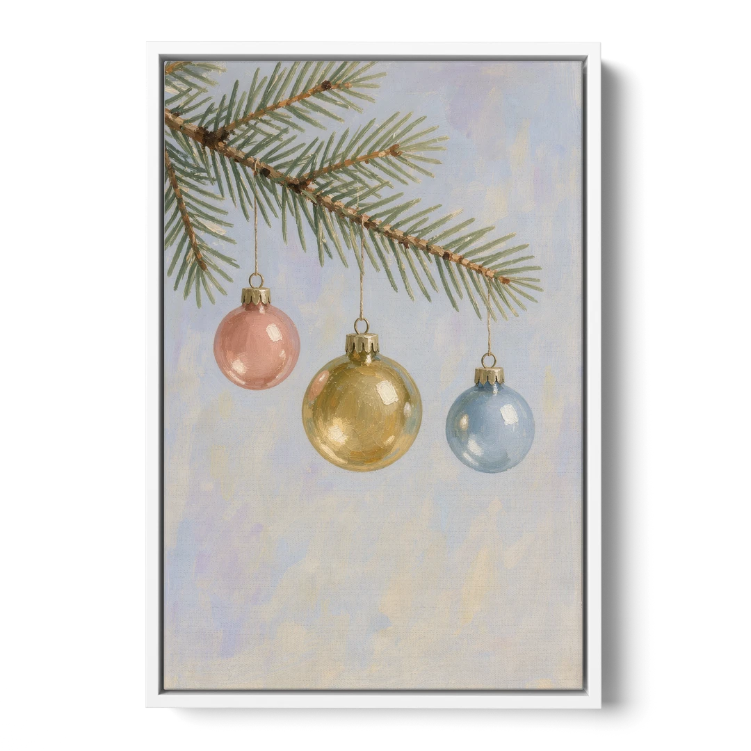 Three Glass Baubles on a Fir Branch - White Framed Canvas Wall Art - Front