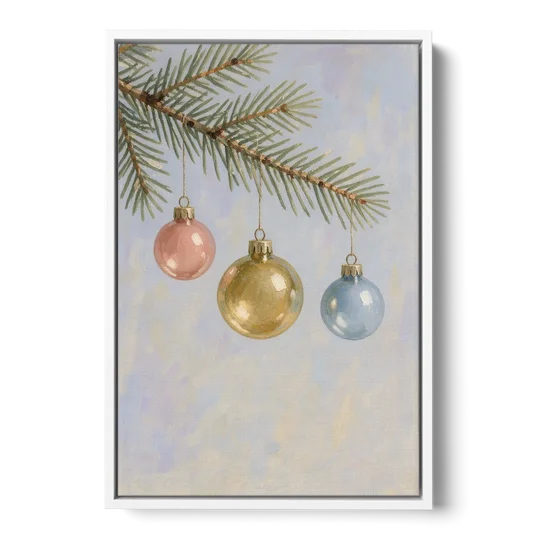 Three Glass Baubles on a Fir Branch - White Framed Canvas Wall Art - Front