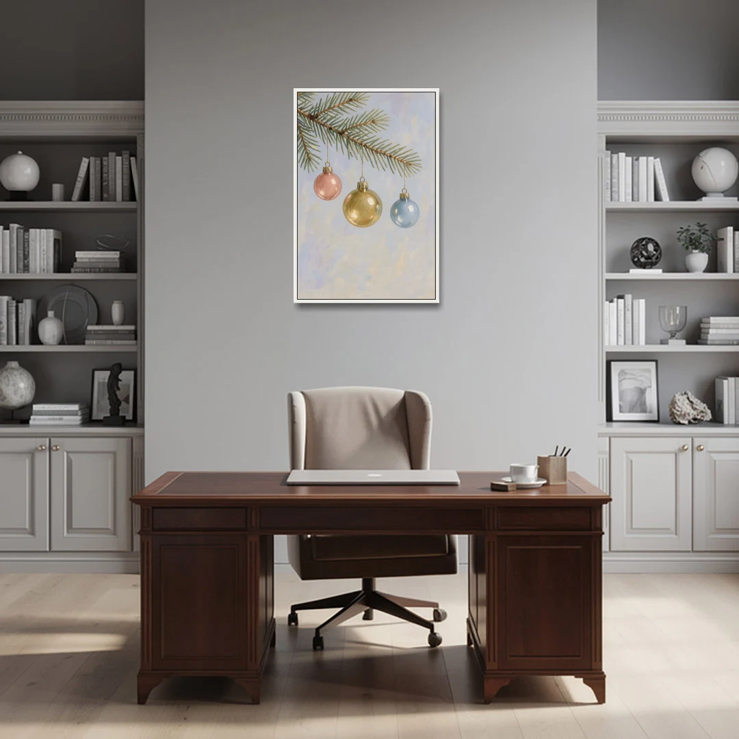 Three Glass Baubles on a Fir Branch - White Framed Canvas Wall Art - Office - 24x36