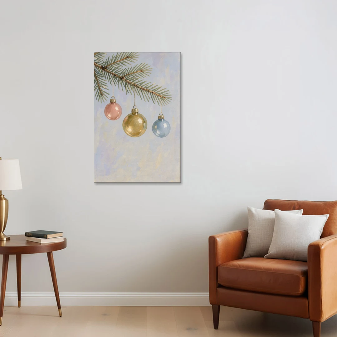 Three Glass Baubles on a Fir Branch - Canvas Wall Art - Sofa - 24x36