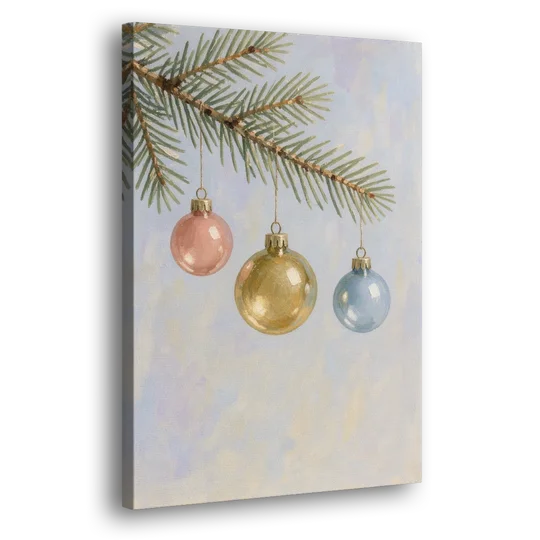 Three Glass Baubles on a Fir Branch - Canvas Wall Art - Side