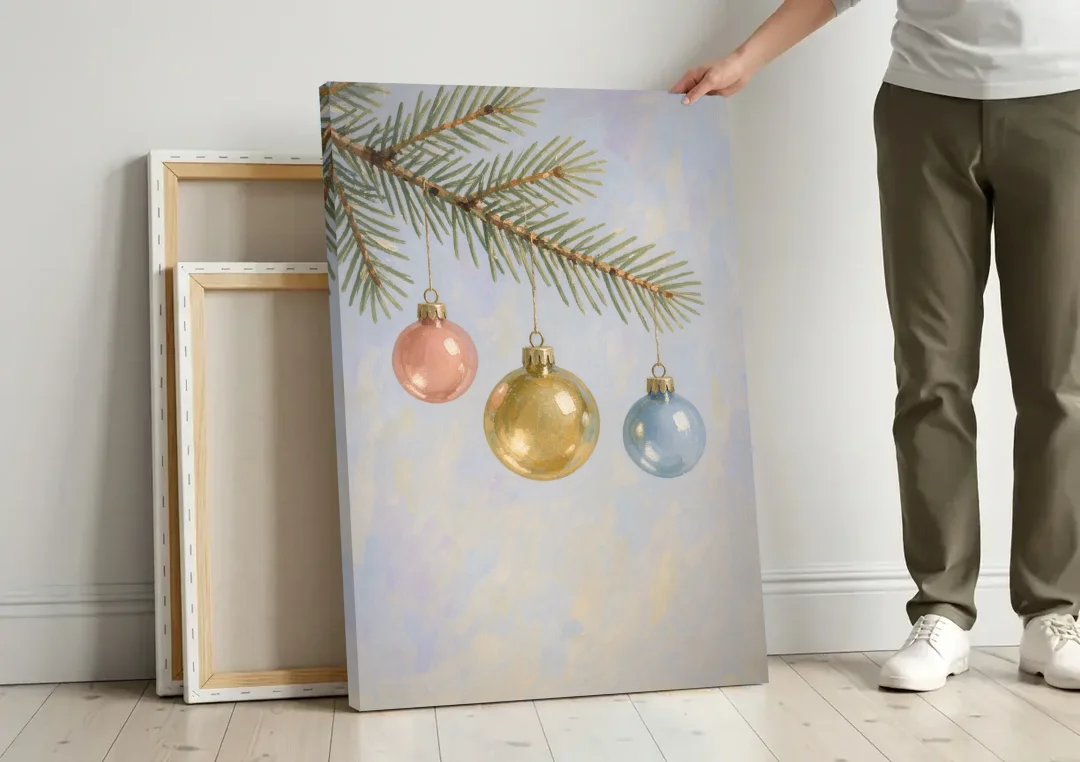Three Glass Baubles on a Fir Branch canvas wall art leaning against a wall next to blank canvases