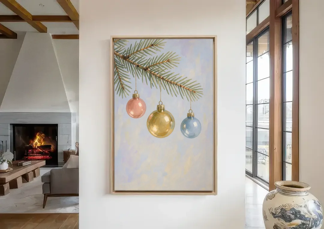 Three Glass Baubles on a Fir Branch canvas wall art in a living room with a fireplace