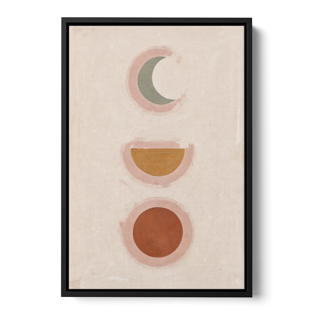 Three Moon Phases Stacked in Earth Tones - Black Framed Canvas Wall Art - Front