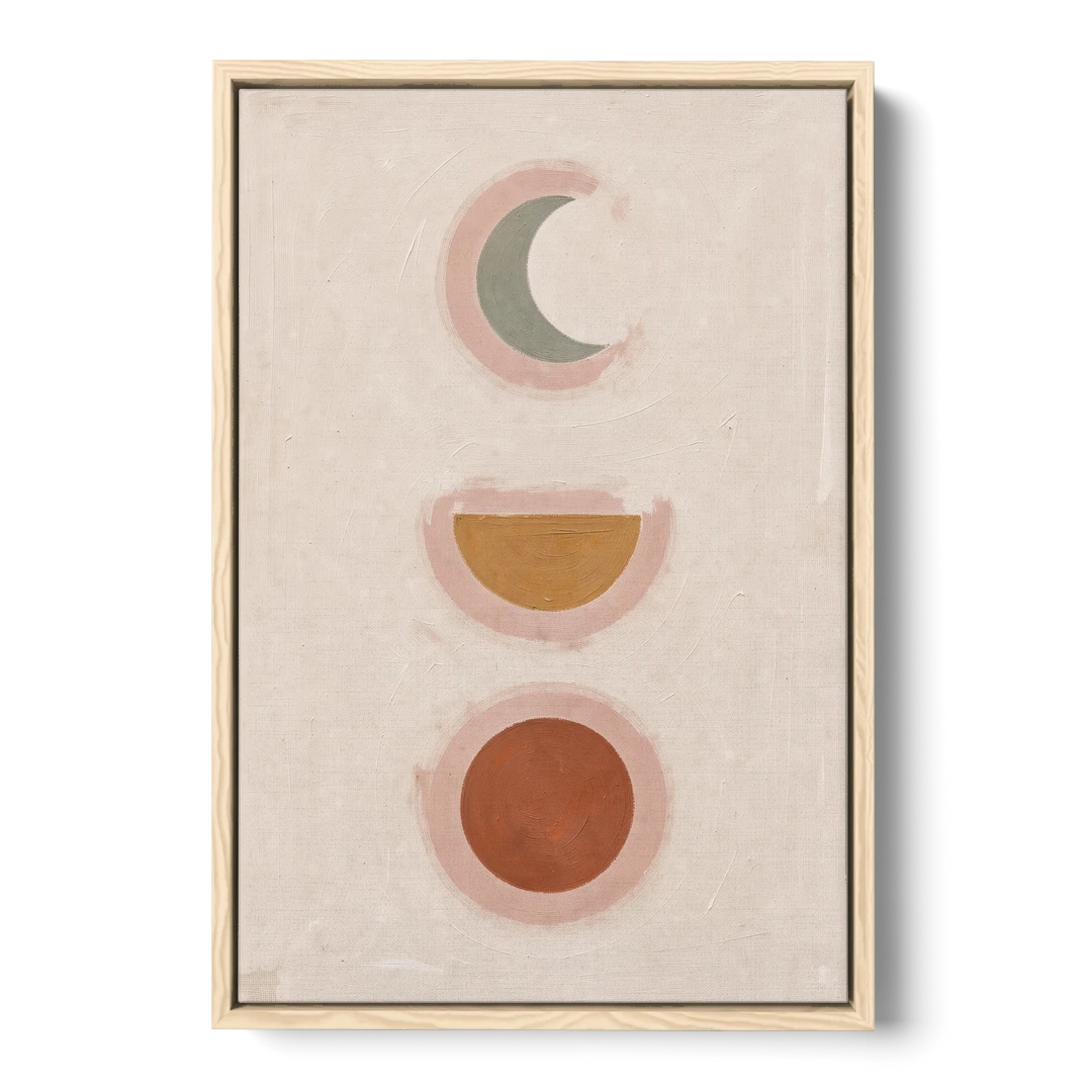 Three Moon Phases Stacked in Earth Tones - Oak Framed Canvas Wall Art - Front