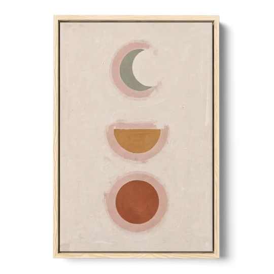 Three Moon Phases Stacked in Earth Tones - Oak Framed Canvas Wall Art - Front