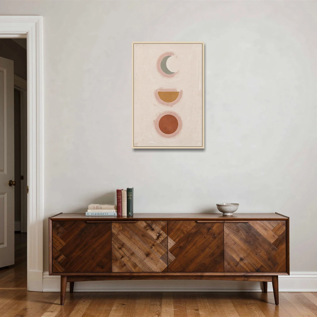 Three Moon Phases Stacked in Earth Tones - Oak Framed Canvas Wall Art - Coffee Table - 24x36