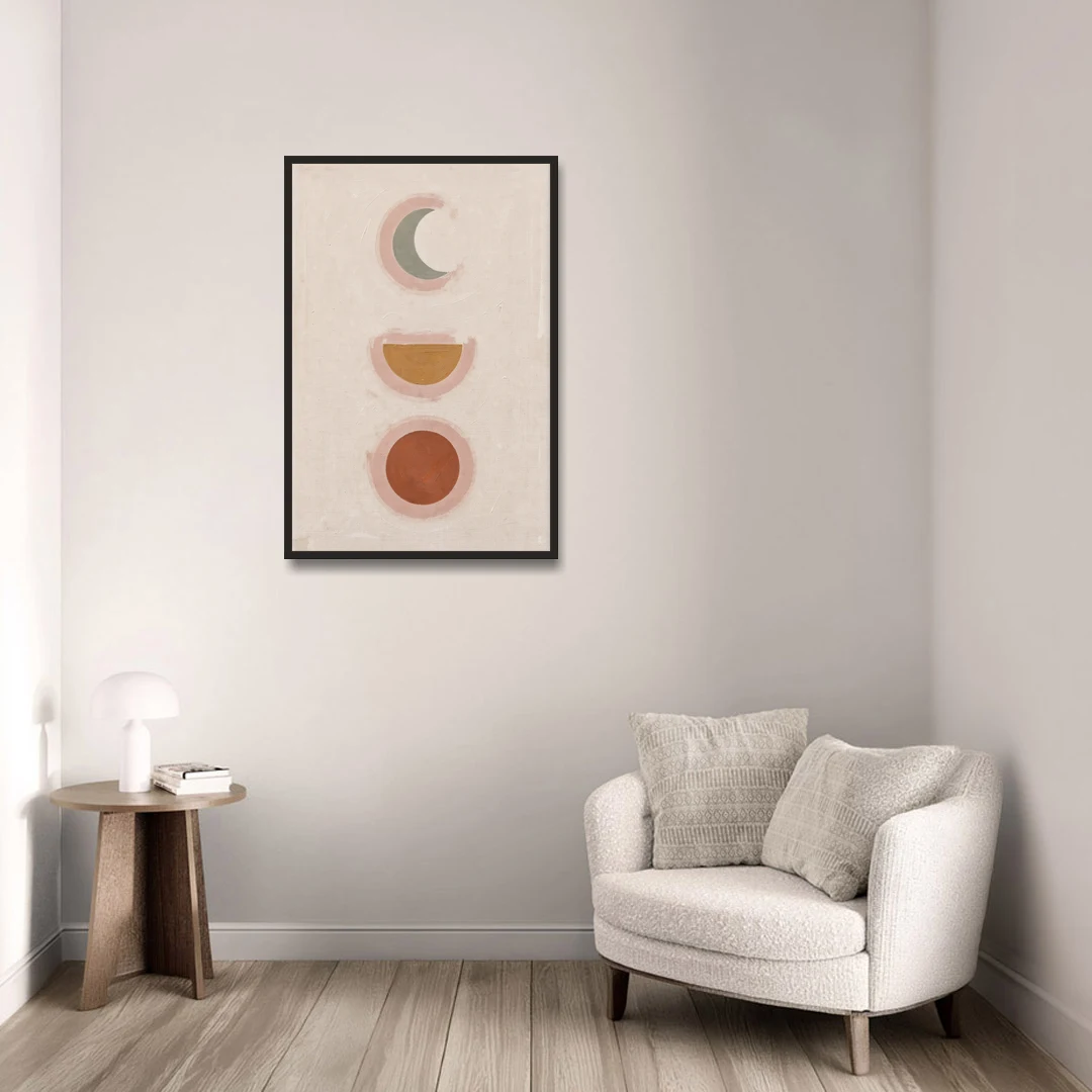 Three Moon Phases Stacked in Earth Tones - Black Framed Canvas Wall Art - Sofa - 24x36