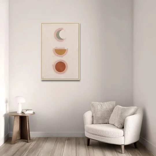 Three Moon Phases Stacked in Earth Tones - Oak Framed Canvas Wall Art - Sofa - 24x36