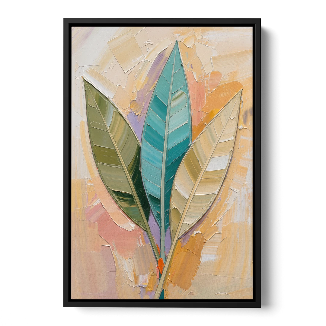 Three Neutral Textured Leaves in Sage and Teal - Black Framed Canvas Wall Art - Front