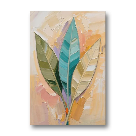 Three Neutral Textured Leaves in Sage and Teal - Canvas Wall Art - Front