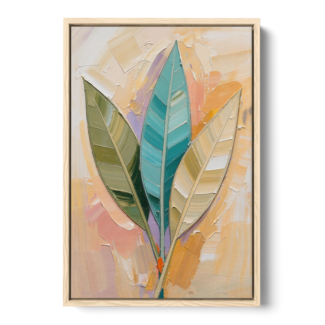 Three Neutral Textured Leaves in Sage and Teal - Oak Framed Canvas Wall Art - Front