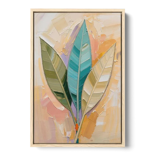 Three Neutral Textured Leaves in Sage and Teal - Oak Framed Canvas Wall Art - Front