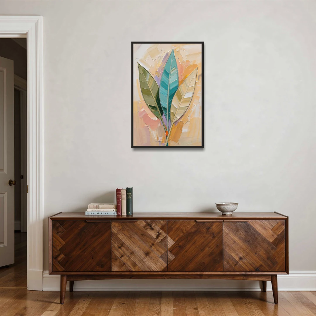 Three Neutral Textured Leaves in Sage and Teal - Black Framed Canvas Wall Art - Coffee Table - 24x36