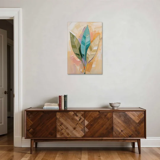 Three Neutral Textured Leaves in Sage and Teal - Canvas Wall Art - Coffee Table - 24x36