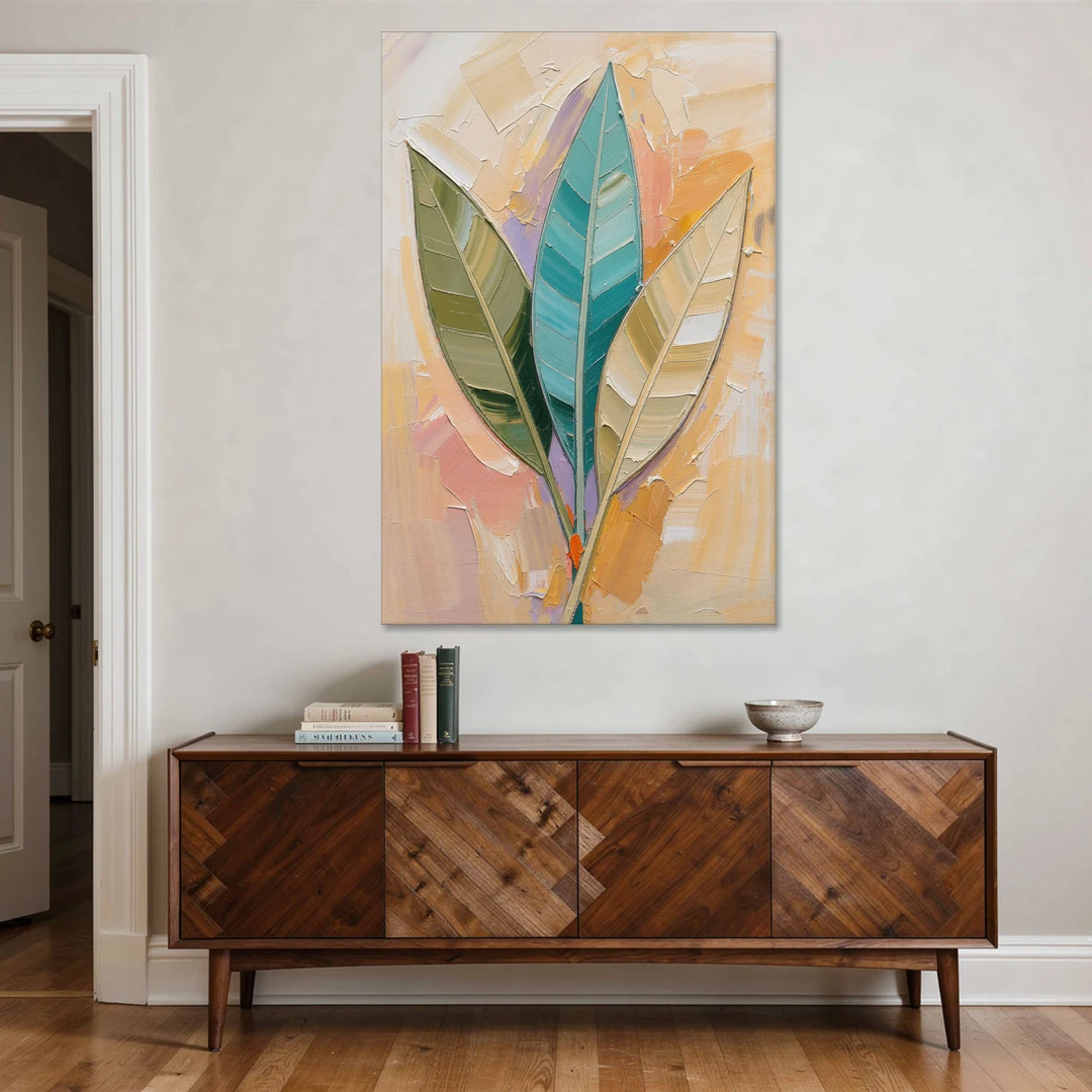 Three Neutral Textured Leaves in Sage and Teal - Canvas Wall Art - Coffee Table - 40x60
