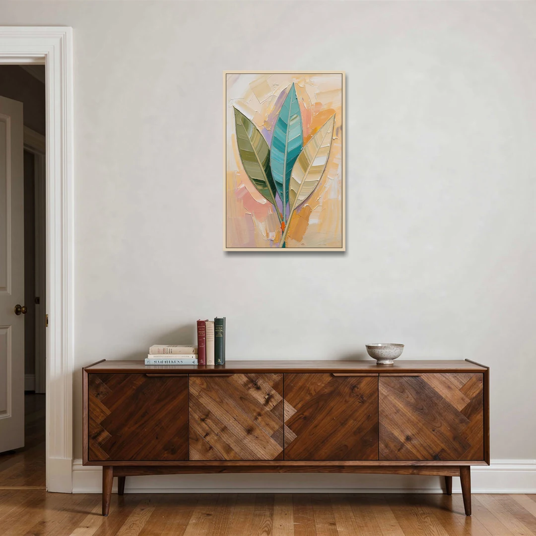 Three Neutral Textured Leaves in Sage and Teal - Oak Framed Canvas Wall Art - Coffee Table - 24x36