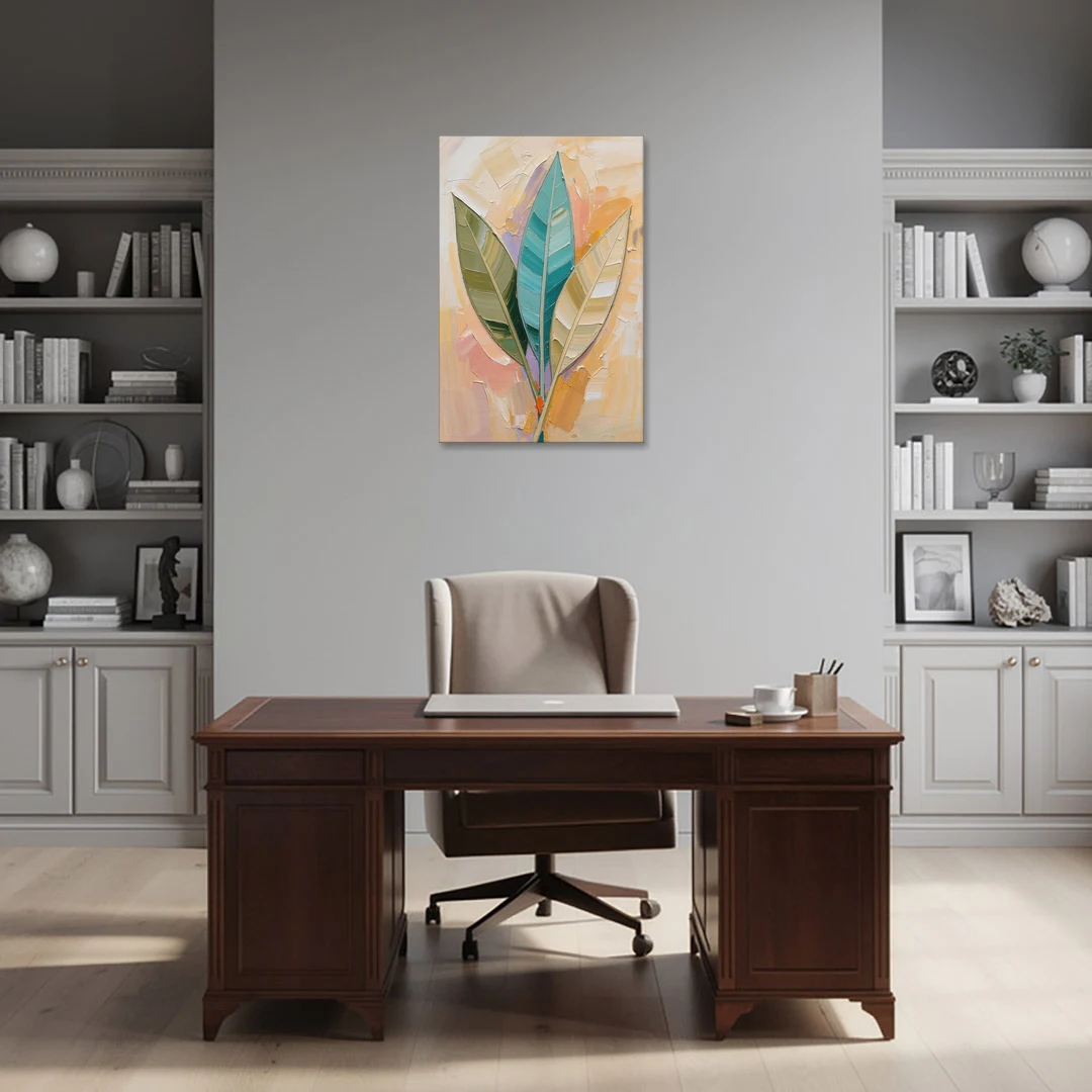 Three Neutral Textured Leaves in Sage and Teal - Canvas Wall Art - Office - 24x36