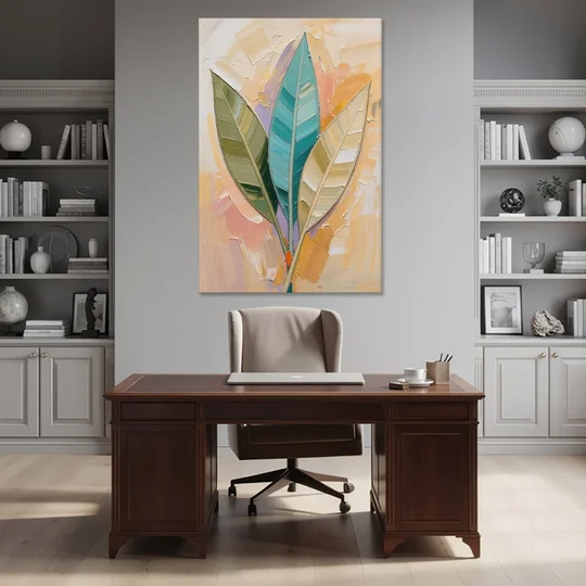 Three Neutral Textured Leaves in Sage and Teal - Canvas Wall Art - Office - 40x60