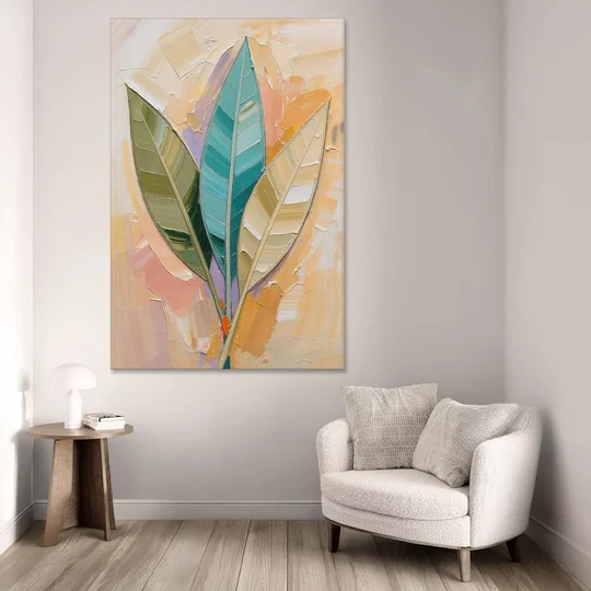 Three Neutral Textured Leaves in Sage and Teal - Canvas Wall Art - Sofa - 40x60