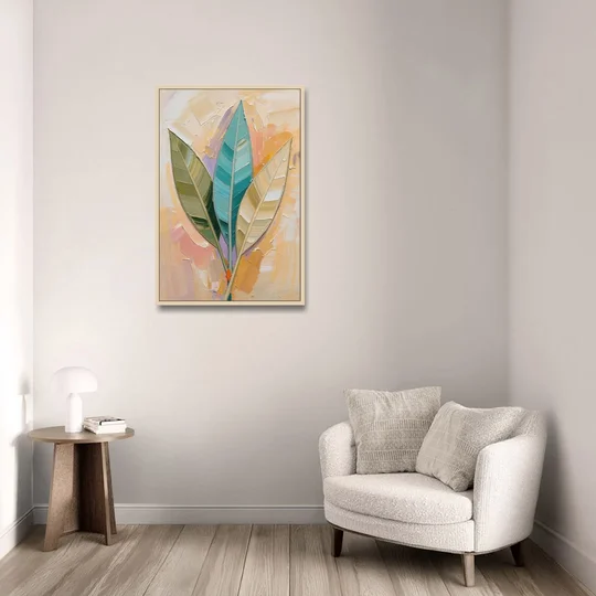 Three Neutral Textured Leaves in Sage and Teal - Oak Framed Canvas Wall Art - Sofa - 24x36