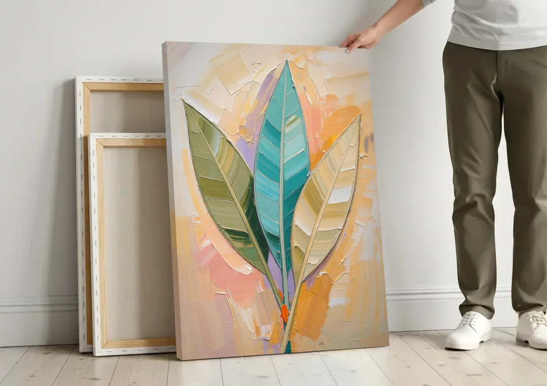 Three Neutral Textured Leaves in Sage and Teal canvas wall art leaning against a wall next to blank canvases