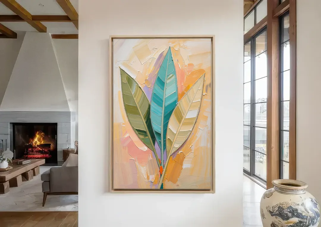 Three Neutral Textured Leaves in Sage and Teal canvas wall art in a living room with a fireplace