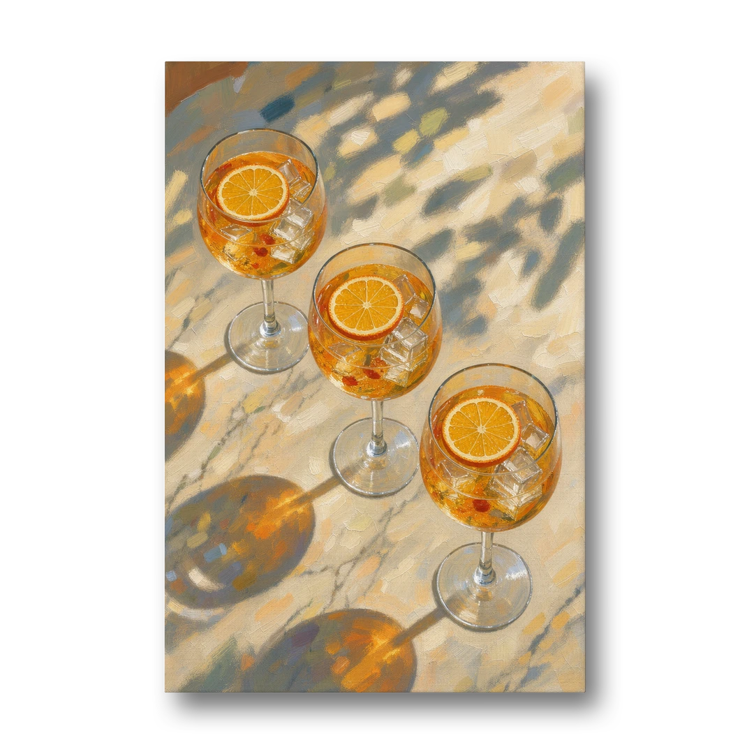 Three Orange Spritz Glasses in Dappled Sunlight - Canvas Wall Art - Front