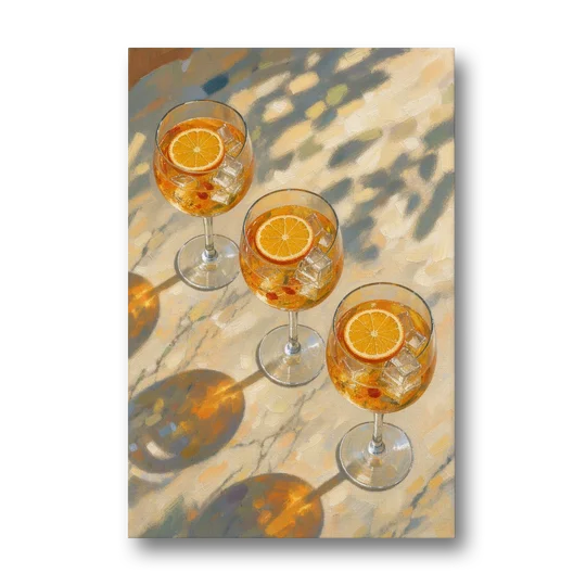 Three Orange Spritz Glasses in Dappled Sunlight - Canvas Wall Art - Front