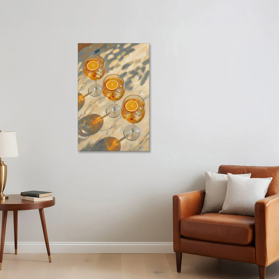 Three Orange Spritz Glasses in Dappled Sunlight - Canvas Wall Art - Sofa - 24x36