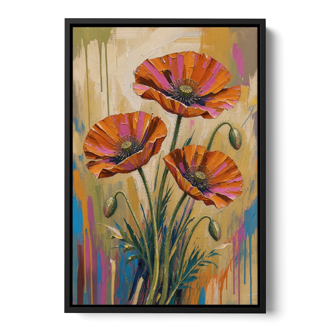 Three Retro Poppies in a Warm Breeze - Black Framed Canvas Wall Art - Front