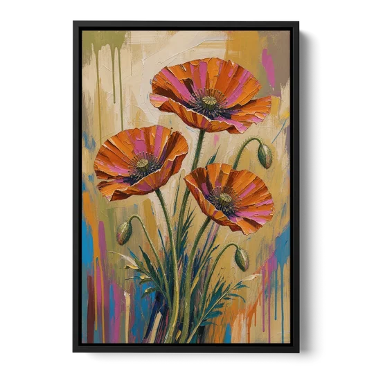 Three Retro Poppies in a Warm Breeze - Black Framed Canvas Wall Art - Front